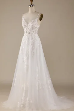 Marfim A-Line Tulle Criss-Cross Correias Volta Vestido de Noiva