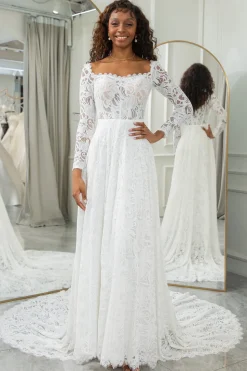 Marfim A-Line Vestido de Noiva de Renda com Mangas