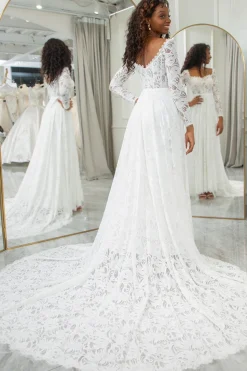 Marfim A-Line Vestido de Noiva de Renda com Mangas