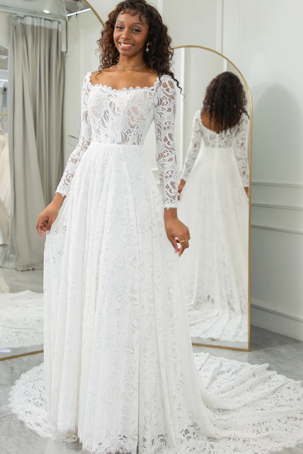 Marfim A-Line Vestido de Noiva de Renda com Mangas