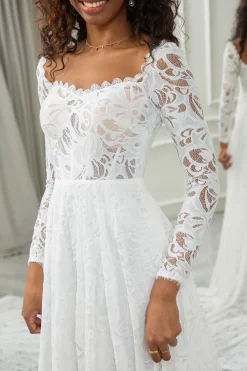 Marfim A-Line Vestido de Noiva de Renda com Mangas