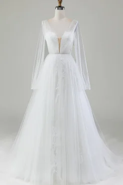 Marfim A-Line V-Neck plissado vestido de noiva tule com mangas compridas