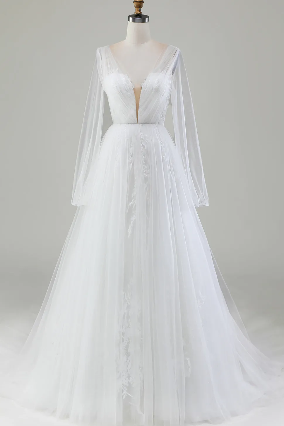 Marfim A-Line V-Neck plissado vestido de noiva tule com mangas compridas
