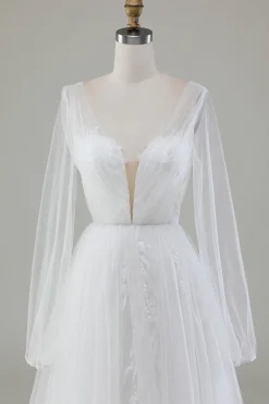 Marfim A-Line V-Neck plissado vestido de noiva tule com mangas compridas