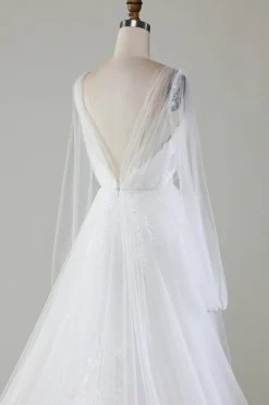 Marfim A-Line V-Neck plissado vestido de noiva tule com mangas compridas