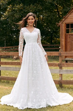 Marfim A-Line V-Neck Renda Varredura Trem Vestido de Noiva com Mangas