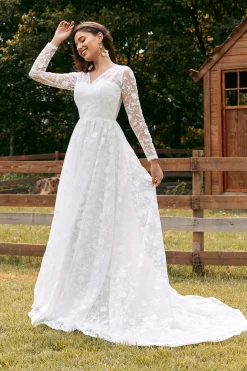 Marfim A-Line V-Neck Renda Varredura Trem Vestido de Noiva com Mangas