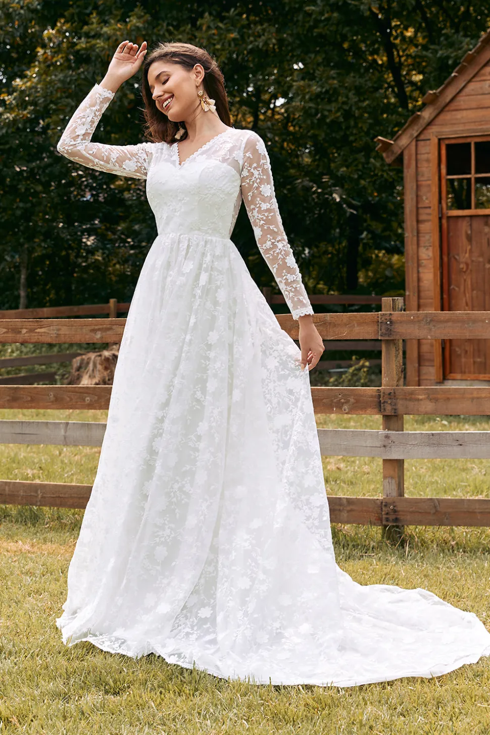 Marfim A-Line V-Neck Renda Varredura Trem Vestido de Noiva com Mangas