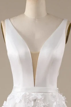 Marfim A-Line V-Neck vestido de noiva com flores 3D
