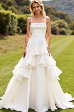 Marfim Babado De Baile/Princesa Alças Finas Longos Vestidos de Noiva