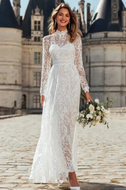 Marfim Bainha Renda Long High Neck Vestido de Receção de Casamento