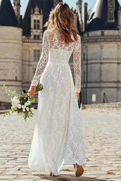Marfim Bainha Renda Long High Neck Vestido de Receção de Casamento
