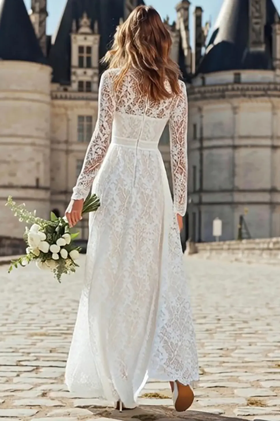 Marfim Bainha Renda Long High Neck Vestido de Receção de Casamento