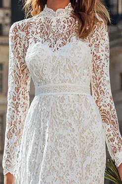 Marfim Bainha Renda Long High Neck Vestido de Receção de Casamento
