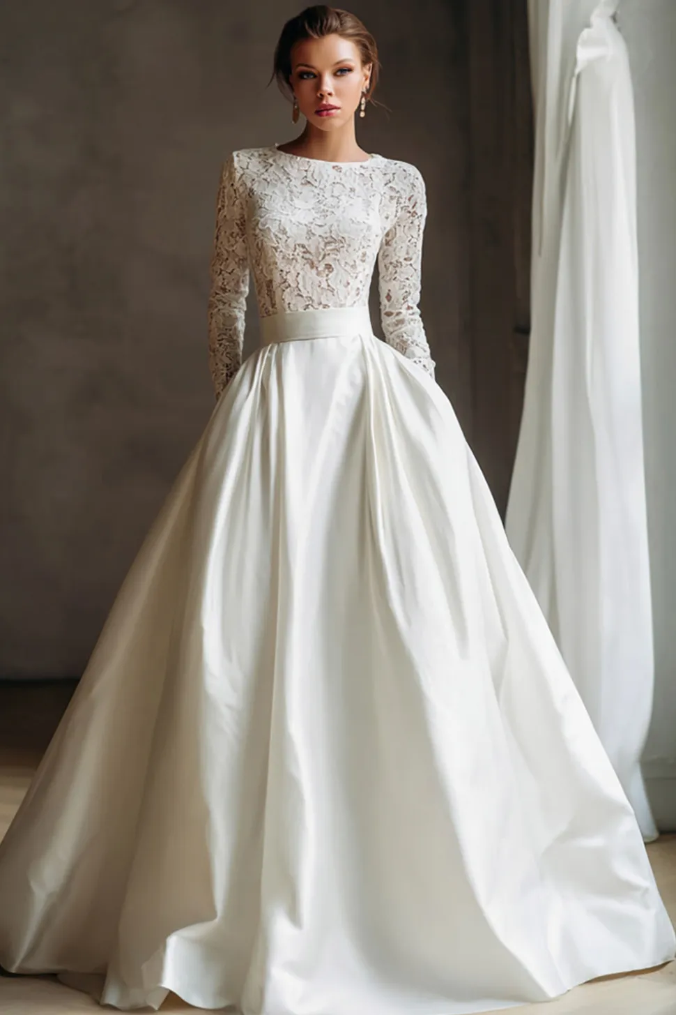 Marfim Barco Pescoço Mangas Longas Um Vestido de Noiva Linha com Renda