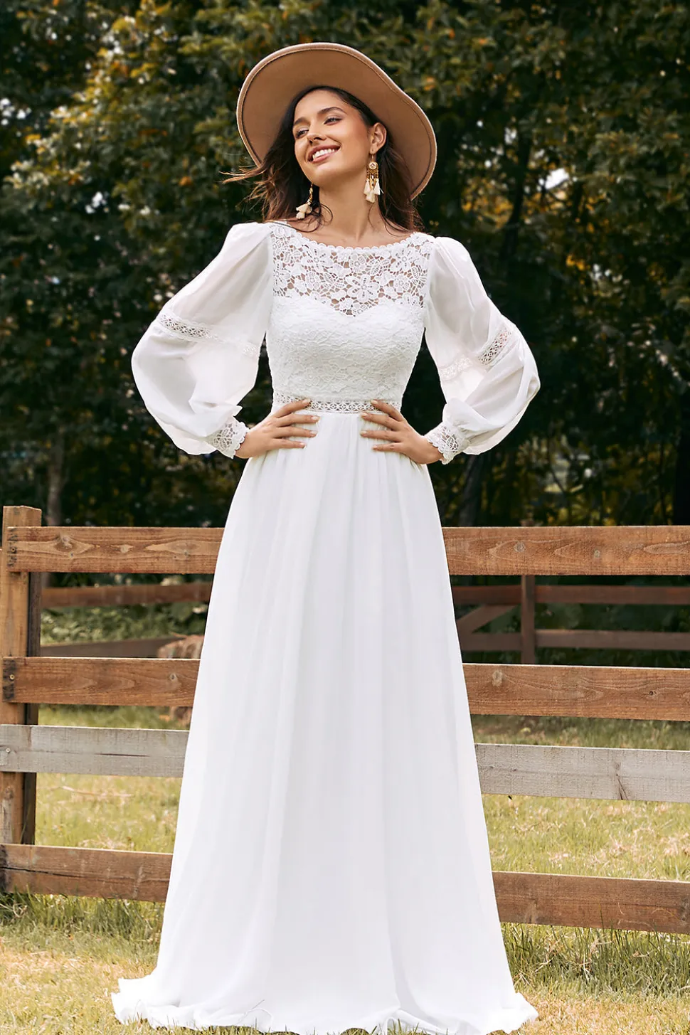 Marfim Bateau Chiffon Long Boho Vestido de Noiva com Renda