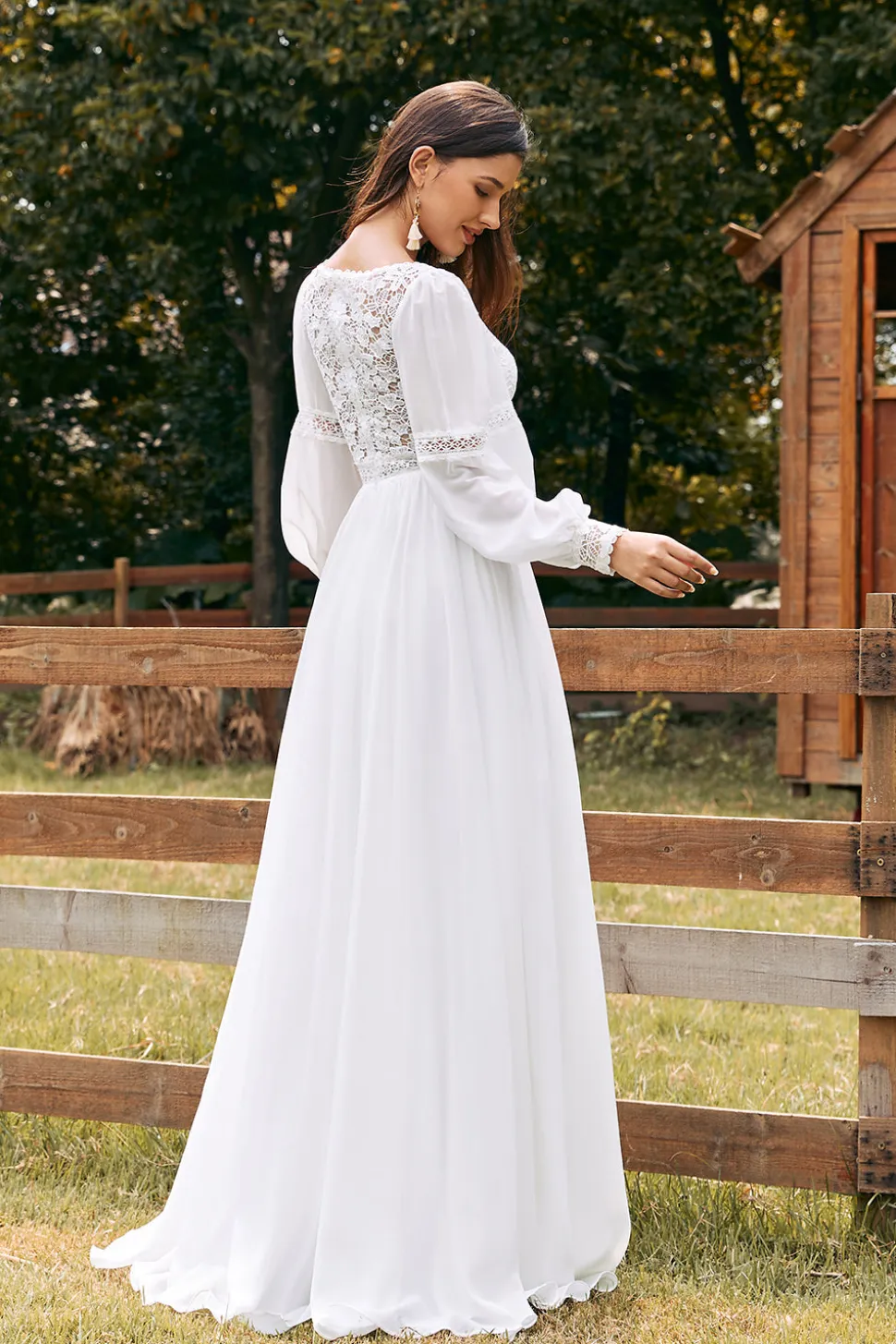 Marfim Bateau Chiffon Long Boho Vestido de Noiva com Renda