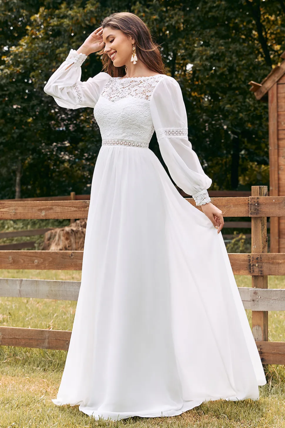 Marfim Bateau Chiffon Long Boho Vestido de Noiva com Renda