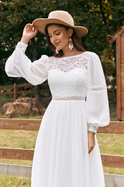 Marfim Bateau Chiffon Long Boho Vestido de Noiva com Renda