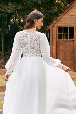 Marfim Bateau Chiffon Long Boho Vestido de Noiva com Renda