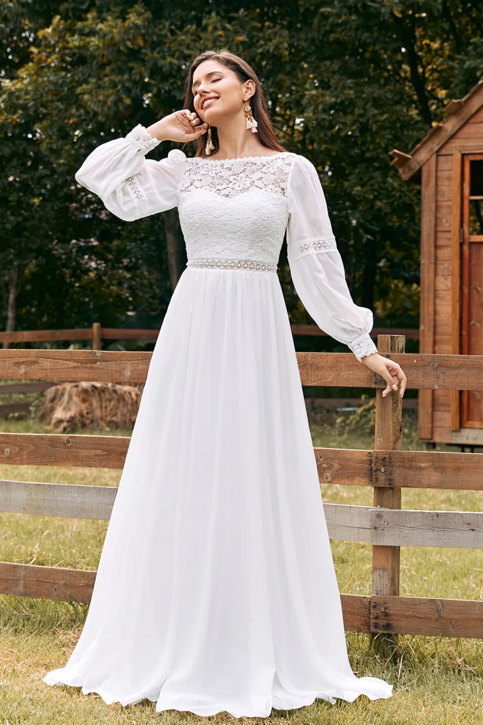 Marfim Bateau Chiffon Long Boho Vestido de Noiva com Renda