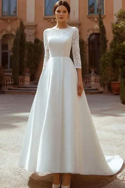 Marfim Bateau Pescoço Uma Linha Vestido de Noiva Renda
