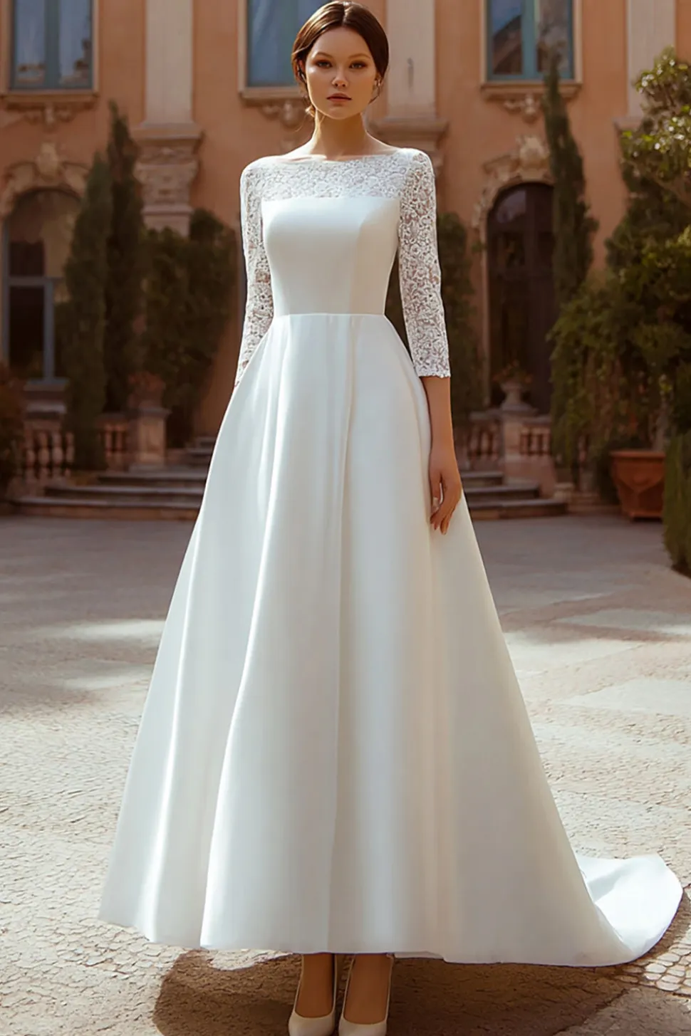 Marfim Bateau Pescoço Uma Linha Vestido de Noiva Renda