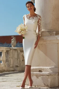 Marfim Bodycon 3/4 manga aplicada midi vestido de noivado
