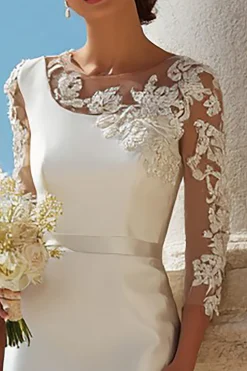 Marfim Bodycon 3/4 manga aplicada midi vestido de noivado