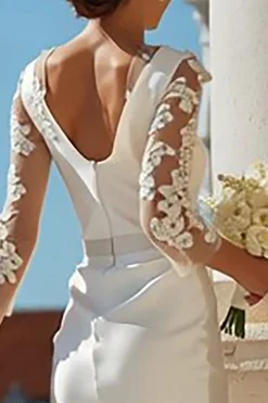 Marfim Bodycon 3/4 manga aplicada midi vestido de noivado