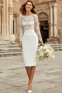 Marfim Bodycon Bateau Neck Midi Vestido de noivado com renda