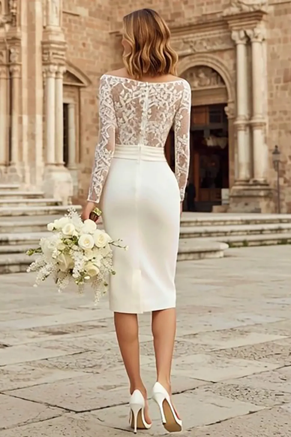 Marfim Bodycon Bateau Neck Midi Vestido de noivado com renda