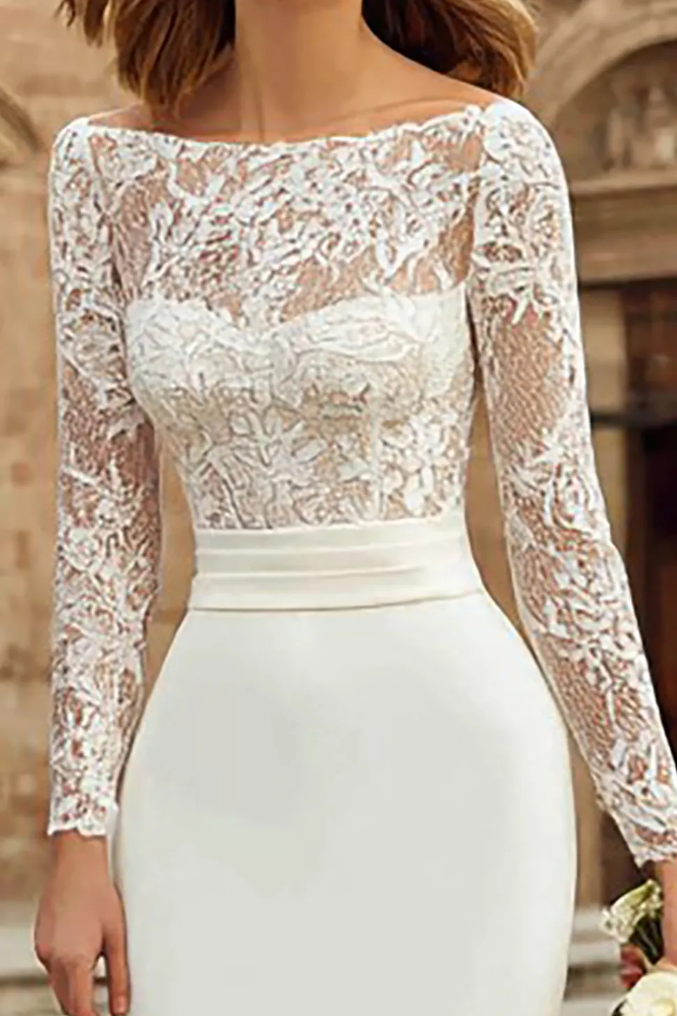 Marfim Bodycon Bateau Neck Midi Vestido de noivado com renda