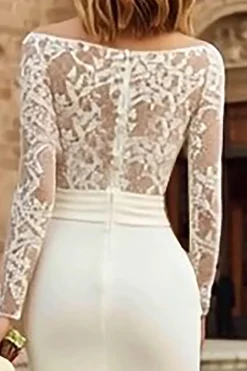 Marfim Bodycon Bateau Neck Midi Vestido de noivado com renda