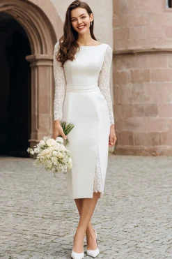 Marfim Bodycon Boat Neck Cetim Courthouse Vestido de Noiva