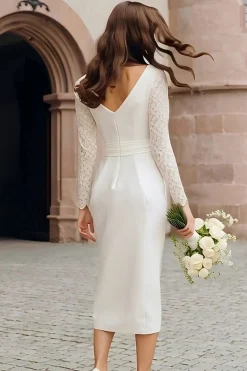Marfim Bodycon Boat Neck Cetim Courthouse Vestido de Noiva