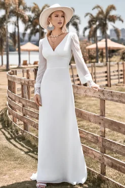 Marfim Boho bainha simples mangas longas vestido de noiva com renda