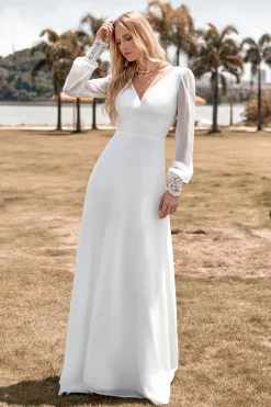 Marfim Boho bainha simples mangas longas vestido de noiva com renda