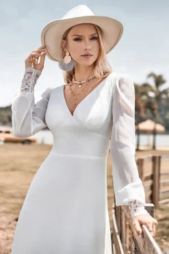 Marfim Boho bainha simples mangas longas vestido de noiva com renda