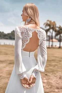 Marfim Boho bainha simples mangas longas vestido de noiva com renda