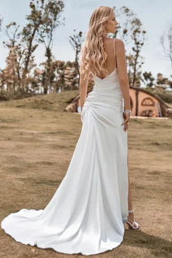Marfim Boho cetim vestido de noiva sereia simples com fenda