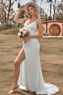 Marfim Boho cetim vestido de noiva sereia simples com fenda