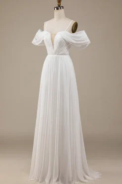 Marfim Boho Chiffon Ruched Vestido de Noiva