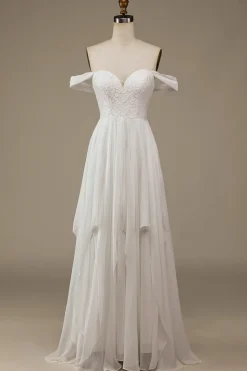 Marfim Boho Chiffon Vestido de Noiva Assimétrico com Renda
