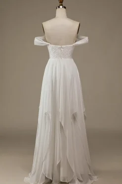 Marfim Boho Chiffon Vestido de Noiva Assimétrico com Renda
