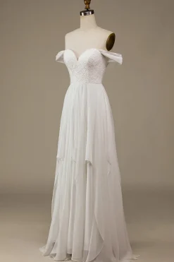 Marfim Boho Chiffon Vestido de Noiva Assimétrico com Renda
