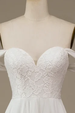 Marfim Boho Chiffon Vestido de Noiva Assimétrico com Renda