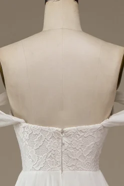Marfim Boho Chiffon Vestido de Noiva Assimétrico com Renda