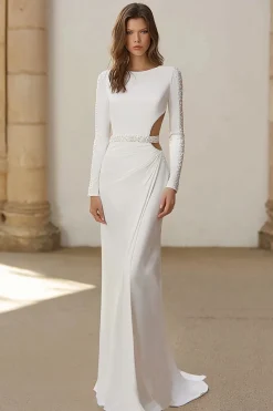 Marfim brilhante cortado vestido de noiva bainha
