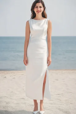 Marfim Cetim Bainha Longos Vestido De Noiva Simples com Fenda